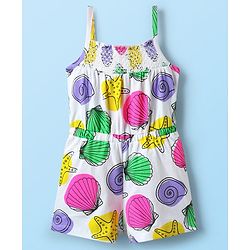 Babyhug Cotton Knit Singlet Sleeves Jumpsuit with Sea Life Theme Print - Multicolor
