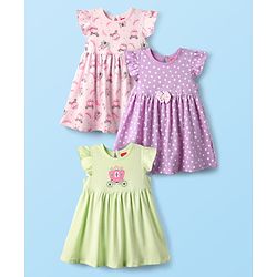 Babyhug Single Jersey Knit Frill Sleeves Frock with Polka Dot Print & Bow Applique Pack of 3 - Light Green Lavender & Pink