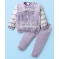 Babyhug Knitted Full Sleeves Pullover Sweater Set with Cable Knit & Fair Isle Design - Lavender