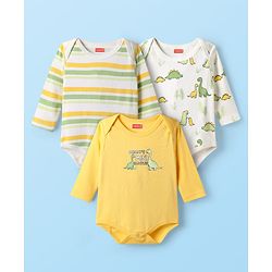 Babyhug 100% Cotton Knit Full Sleeves Onesies with Dino Print & Stripes Pack of 3 - Multicolor