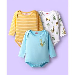 Babyhug 100% Cotton Knit Full Sleeves Striped & Animal Printed Onesies Pack of 3 - Light Blue Yellow & White
