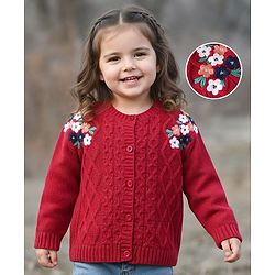 Babyhug Knitted Full Sleeves Front Open Sweater with Floral Embroidery - Red