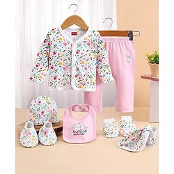 Babyhug 100% Cotton Baby Gift Set With Floral Print Pack of 7 - White & Pink