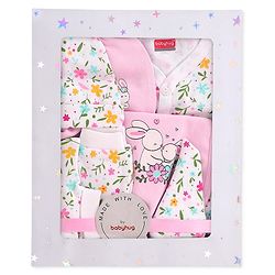 Babyhug 100% Cotton Baby Gift Set With Floral Print Pack of 7 - White & Pink