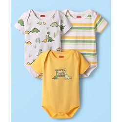 Babyhug 100% Cotton Knit Half Sleeves Onesies with Stripes & Dino Print Pack of 3 - Yellow & White