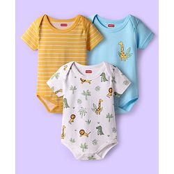 Babyhug 100% Cotton Interlock Knit Half Sleeves Onesies with Animal Print & Stripe Pack of 3 - Light Blue White & Light Orange
