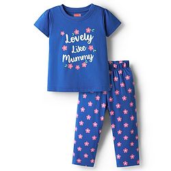 Babyhug Cotton Knit Half Sleeves Night Suit with Floral Print - Blue