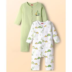 Babyhug 100% Cotton Knit Full Sleeves Rompers With Dino Print Pack of 2 - White & Green