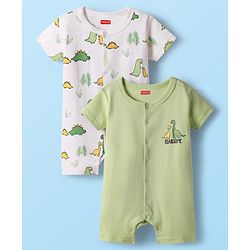 Babyhug 100% Cotton Half Sleeves Dino Printed Front Open Rompers Pack Of 2 - Light Green & White