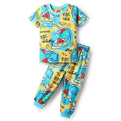 Babyhug Cotton Knit Half Sleeves Night Suit With Dino Print - Multicolour