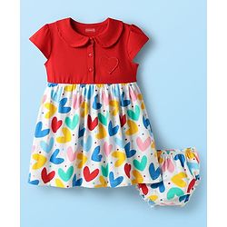 Babyhug Single Jersey Knit Half Sleeves Heart Printed Frock With Bloomers - Red