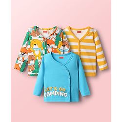 Babyhug 100% Cotton Interlock Knit Full Sleeves Front Open Vest With Stripes & Animal Print Pack Of 3 - Yellow Light Blue & Green