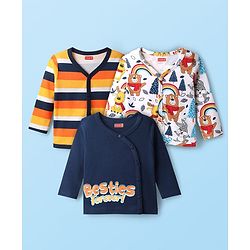 Babyhug 100% Cotton Full Sleeves Front Open Jhablas With Stripes & Animal Print Pack Of 3 - Navy Blue White & Yellow