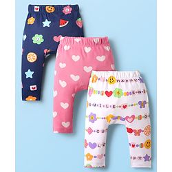 Babyhug Interlock Knit Full Length Heart & Fruit Printed Diaper Leggings Pack of 3 - White Pink & Navy Blue