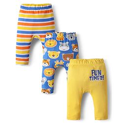 Babyhug Interlock Knit Full Length Diaper Leggings with Stripes & Animal Print Pack Of 3 - Blue & Yellow