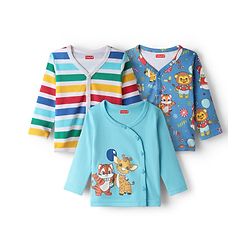 Babyhug 100% Cotton Front Open Full Sleeves Stripes & Animal Printed Jhablas Pack Of 3 - Multi Colour