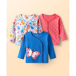 Babyhug 100% Cotton Interlock Knit Full Sleeves Front Open Jhablas With Floral Print & Polka Dots Prints Pack Of 3 - Blue White & Pink