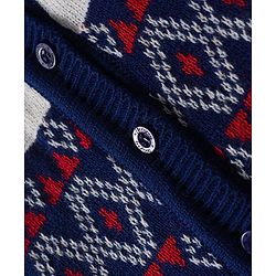 Babyhug Knit Full Sleeves Front Open Sweater & Pant Set with Cap & Booties & Fair Isle Design - Navy Blue & White