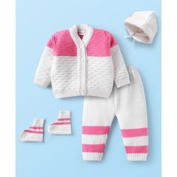 Babyhug Knit Full Sleeves Sweater Set With Booties & Cap - Pink