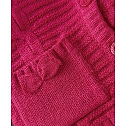 Babyhug Knit Full Sleeves Front Open Sweater Set with Bow Applique Cable Knit Design & Pocket Detailing with Cap - Fuchsia