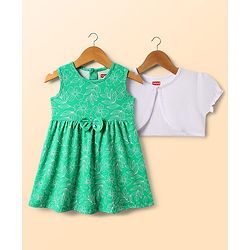 Babyhug Cotton Knit Frock & Half Sleeves Shrug With Floral Print & Bow Applique - Green & White