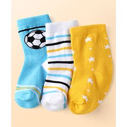 Cute Walk by Babyhug Knit Ankle Length Anti Bacterial Socks with Stripe & Star Design Pack of 3 - Yellow White & Light Blue