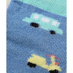 Cute Walk by Babyhug Knit Antibacterial Ankle Length Socks With Stripes & Vehicle Design Pack Of 3 - Light Blue Grey & Yellow