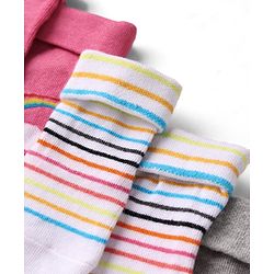 Cute Walk by Babyhug Ankle Length Anti Bacterial Anti Skid Striped Socks with Rainbow & Unicorn Design Pack of 3 - Pink Grey & White