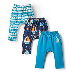 Babyhug Cotton Knit Full Length Diaper Leggings With Nautical Theme Print Pack Of 3 - Light Blue & Navy Blue