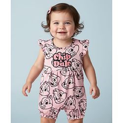 Babyhug Disney Interlock Knit Frill Sleeves Romper with Chip & Dale Print - Light Pink