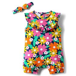 Babyhug 100% Cotton Interlock Knit Sleeveless Romper with Hairband & Floral Print - Multicolor