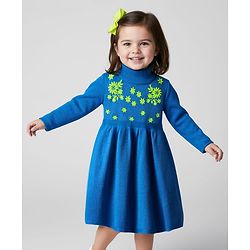 Babyhug Sweater Knit Full Sleeves High Neck Woolen Dress with Floral Embroidery - Royal Blue