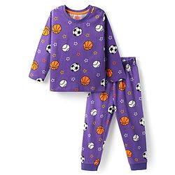 Babyhug Cotton Knit Full Sleeves Co-Ord Night Suit With Sports Theme Print - Violet