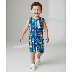 Babyhug Single Jersey Knit Sleeveless T-Shirt & Short Set With Abstract Print - Blue