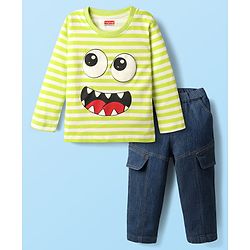 Babyhug Single Jersey Knit Full Sleeves Striped T-Shirt & Denim Jeans Set - Green & Blue