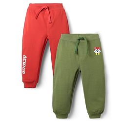 Babyhug Cotton Terry Knit Full Length Lounge Pant With Animal & Text Print Pack Of 2 - Red & Olive Green