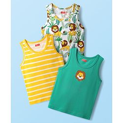 Babyhug 100% Cotton Single Jersey Knit Sleeveless Vest with Animal Print & Stripe Design Pack of 3 - Yellow Green & White