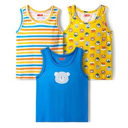 Babyhug 100% Cotton Single Jersey Knit Sleeveless Vest with Animal Print & Stripe Design Pack of 3 - Yellow & Blue