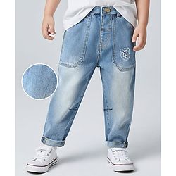 Babyhug Full Length Solid Denim Jeans With Stretch & NY Embroidery - Blue