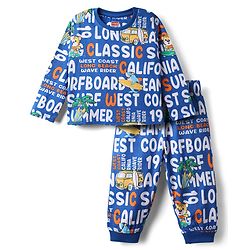 Babyhug Cotton Knit Full Sleeves Co-ords Night Suit with Text Print - Blue