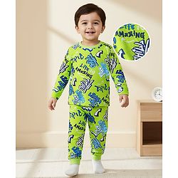 Babyhug Cotton Knit Full Sleeves Co-ords Night Suit with Text Print - Limegreen