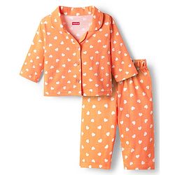 Babyhug Cotton Knit Full Sleeves Co-ords Night Suit with Polka Dots Print - Orange