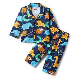 Babyhug Cotton Knit Full Sleeves Night Suit With Lion Print -Navy Blue & White main image 1