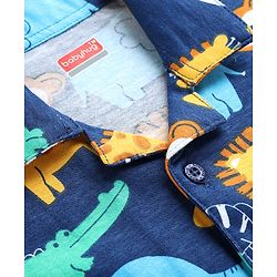 Babyhug Cotton Knit Full Sleeves Co-ords Night Suit With Animal Print - Navy Blue