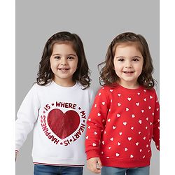 Babyhug 100% Cotton Full Sleeves Hearts Foil Printed Sweatshirt Pack Of 2 - Red & White