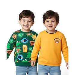 Babyhug Cotton Knit Full Sleeves Teddy Bear Printed Sweatshirts Pack of 2 - Green & Yellow
