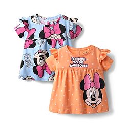 Babyhug Disney Single Jersey Knit Half Sleeves Frock Style T-Shirts with Minnie Mouse Graphics Pack of 2 - Light Blue & Orange