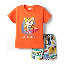 Babyhug Single Jersey Knit Half Sleeves T-Shirt & Shorts Set with Animal Print - Orange & Light Blue