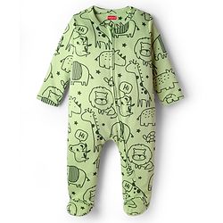 Babyhug Cotton Knit Full Sleeves Footed Sleepsuit With Animal Print - Light Green