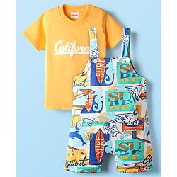 Babyhug Single Jersey Knit Dungaree & Half Sleeves T-Shirt With Beach Theme Print - Yellow & White